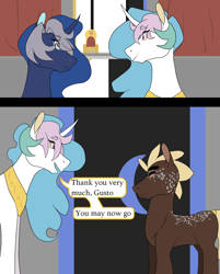 Size: 1768x2196 | Tagged: safe, artist:moonaknight13, character:princess celestia, character:princess luna, oc, species:pony, comic:the magic within, comic, freckles, royal guard, text, throne room