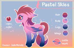 Size: 2000x1299 | Tagged: safe, artist:zobaloba, oc, oc only, oc:pastel skies, species:pony, chest fluff, color palette, commission, ear fluff, female, floppy ears, mare, no pupils, pastel, reference sheet, solo, standing, text