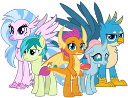 Size: 2048x1562 | Tagged: safe, artist:php77, editor:php77, character:gallus, character:ocellus, character:sandbar, character:silverstream, character:smolder, species:changeling, species:classical hippogriff, species:earth pony, species:griffon, species:hippogriff, species:pony, species:reformed changeling, female, male, the young six