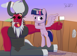 Size: 2000x1455 | Tagged: safe, artist:trackheadtherobopony, character:lord tirek, character:twilight sparkle, character:twilight sparkle (alicorn), species:alicorn, species:pony, aftermath, bandage, broken horn, defeated, flexing, good end, horn, smiling, smirk, surrender, tongue out, white flag, x eyes