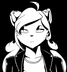 Size: 928x1000 | Tagged: safe, artist:synnibear03, oc, oc only, oc:kolby, species:anthro, comic:ponytale, ahoge, anthro oc, barely pony related, black and white, black background, cat, clothing, feline, frown, furry, furry oc, grayscale, jacket, leather jacket, long hair, male, monochrome, non-pony oc, shirt, simple background, slit pupils, solo