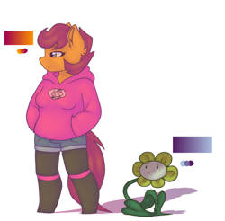 Size: 1000x984 | Tagged: safe, artist:synnibear03, character:scootaloo, oc, oc:ponytale scootaloo, species:anthro, species:pegasus, species:pony, comic:ponytale, breasts, clothing, color palette, crossover, duo, female, flower, flowey, frown, hands in pockets, hoodie, male, mare, shadow, shorts, simple background, standing, undertale, white background, wings
