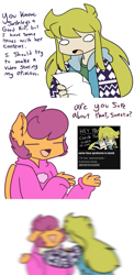 Size: 487x1000 | Tagged: safe, artist:synnibear03, oc, oc only, oc:ponytale scootaloo, species:anthro, species:human, species:pegasus, species:pony, comic:ponytale, animation meme community, blonde hair, choking, clothing, comic, dialogue, drama, duo, female, hoodie, jacket, mare, open mouth, paper, persona, sashley, simple background, white background, youtube