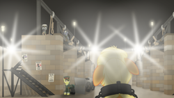 Size: 3840x2160 | Tagged: safe, artist:eagle1division, character:applejack, oc, oc:gold will, species:pony, fanfic:tapestry: a world apart, a world apart, alternate universe, cap, cart, cement, clothing, collar, courtyard, execution, fanfic art, floppy ears, gallows, hat, imminent death, implied hanging, lamppost, metal, noose, officer, poster, prisoner, shackles, spotlight, this will end in death, uniform, yoke