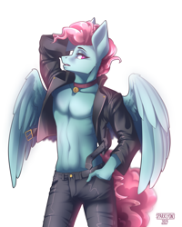 Size: 3200x4000 | Tagged: safe, artist:sparklyon3, rcf community, oc, oc only, species:anthro, species:pegasus, species:pony, anthro oc, armpits, clothing, jacket, leather jacket, male, solo