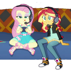 Size: 601x600 | Tagged: safe, artist:php77, edit, edited screencap, editor:php77, screencap, character:fluttershy, character:sunset shimmer, episode:game stream, g4, my little pony: equestria girls, my little pony:equestria girls, spoiler:eqg series (season 2), background removed, converse, gamer sunset, gamershy, geode of fauna, headphones, headset, magical geodes, not a vector, shoes, sneakers, tongue out