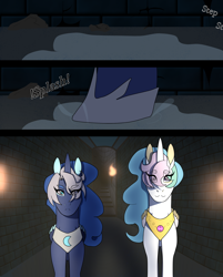 Size: 1768x2196 | Tagged: safe, artist:moonaknight13, character:princess celestia, character:princess luna, species:pony, comic:the magic within, alternate universe, cracks, dungeon, hoof shoes, puddle, rock, torch, walk cycle, walking