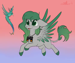 Size: 2100x1750 | Tagged: safe, artist:zobaloba, oc, oc:dionysus, species:bird, species:pony, adventure, binoculars, colored, commission, flying, lineart, quetzal, simple background, solo