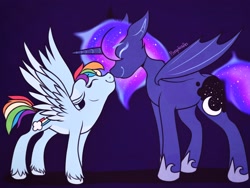 Size: 2048x1536 | Tagged: safe, artist:incendiaryboobs, character:princess luna, character:rainbow dash, species:pony, ship:lunadash, bat wings, boop, eyes closed, female, lesbian, mare, noseboop, nuzzling, shipping, smiling, wings