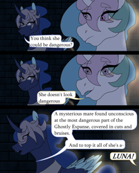 Size: 1768x2196 | Tagged: safe, artist:moonaknight13, character:princess celestia, character:princess luna, species:pony, comic:the magic within, comic series, dungeon, frown, smiling, text, walk cycle, walking