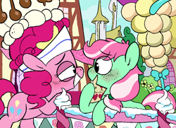 Size: 838x608 | Tagged: safe, artist:pinkiespresent, character:minty, character:pinkie pie, species:earth pony, species:pony, episode:sundae sundae sundae, g3, spoiler:interseason shorts, blushing, cake, clothing, female, food, g3 to g4, generation leap, hat, lesbian, lidded eyes, looking at each other, mintypie, open mouth, scene interpretation, shipping, sky, smiling