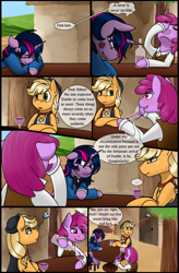 Size: 1280x1947 | Tagged: safe, artist:stuflox, character:applejack, character:berry punch, character:berryshine, character:twilight sparkle, character:twilight sparkle (alicorn), species:alicorn, species:pony, comic:the count of monte rainbow, alcohol, butterfly, caderousse, clothing, comic, danglajacks, danglars, mondego, monsparkle, the count of monte cristo, the count of monte rainbow, wine
