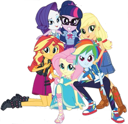 Size: 607x589 | Tagged: safe, artist:php77, editor:php77, character:applejack, character:fluttershy, character:rainbow dash, character:rarity, character:sunset shimmer, character:twilight sparkle, character:twilight sparkle (scitwi), species:eqg human, g4, my little pony: equestria girls, my little pony:equestria girls, clothing, converse, female, geode of empathy, geode of fauna, geode of shielding, geode of super speed, geode of super strength, geode of telekinesis, glasses, humane five, humane six, looking at you, magical geodes, shoes, smiling, sneakers