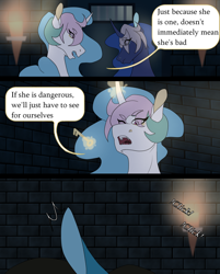 Size: 1768x2196 | Tagged: safe, artist:moonaknight13, character:princess celestia, character:princess luna, oc, oc:taylor queen, species:pony, comic:the magic within, door, dungeon, key, torch