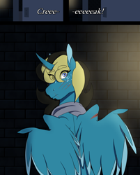 Size: 1768x2196 | Tagged: safe, artist:moonaknight13, oc, oc:taylor queen, species:alicorn, species:pony, comic:the magic within, alicorn oc, door, dungeon, freckles, injured, looking at you, looking back, looking back at you, scar, scratches, towel