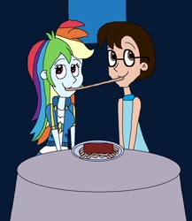 Size: 1273x1465 | Tagged: safe, artist:hunterxcolleen, character:rainbow dash, oc, oc:stewart gary, species:human, g4, my little pony: equestria girls, my little pony:equestria girls, bella notte, eating, food, intestines, lady and the tramp, pasta, plate, spaghetti, table, tomato sauce