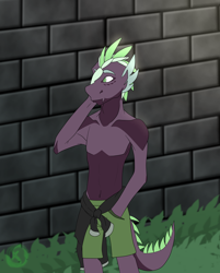 Size: 1768x2196 | Tagged: safe, artist:moonaknight13, character:spike, species:anthro, clothing, markings, older, older spike, partial nudity, topless