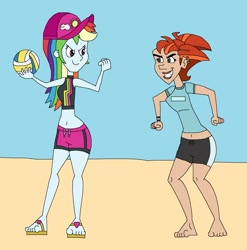 Size: 2021x2049 | Tagged: safe, artist:hunterxcolleen, character:rainbow dash, species:human, g4, my little pony: equestria girls, my little pony:equestria girls, atlanta, beach, belly button, bikini, bikini top, cap, class of the titans, clothing, crossover, duel, feet, hat, sandals, shorts, sports, swimming trunks, swimsuit, volleyball