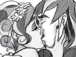 Size: 1024x768 | Tagged: safe, artist:thelivingmachine02, character:princess cadance, character:shining armor, ship:shiningcadance, eyes closed, female, flower, flower in hair, grayscale, humanized, kissing, male, monochrome, shipping, sketch, smiling, straight