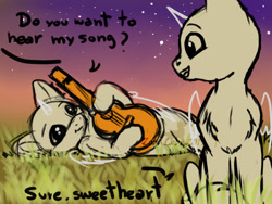 Size: 800x600 | Tagged: safe, artist:zobaloba, oc, species:pony, advertisement, auction, background pony, commission, couple, dialogue, grass, guitar, music, relaxing, sketch, sky, song, stars, sunset, your character here