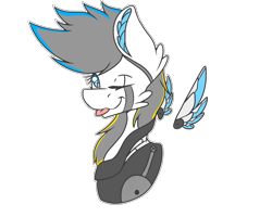 Size: 3507x2800 | Tagged: safe, artist:chazmazda, oc, oc:stormy sky, species:pony, blep, bust, cyberpunk, cyborg, floating wings, one eye closed, silly, simple background, tongue out, transparent background, wings, wink