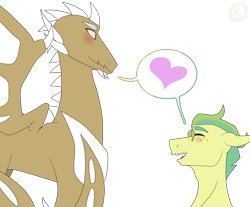 Size: 2424x2008 | Tagged: safe, artist:moonaknight13, oc, species:dragon, species:pony, dialogue, gay, heart, interspecies, male, oc x oc, pictogram, shipping, simple background, speech bubble, stallion, transparent background