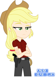Size: 689x958 | Tagged: safe, artist:anime-equestria, character:applejack, species:human, my little pony:equestria girls, applejack's hat, clothing, cowboy hat, crossed arms, female, frown, gun, handgun, hat, holster, human coloration, humanized, knife, lasso, raised eyebrow, red dead redemption 2, revolver, rope, solo, weapon