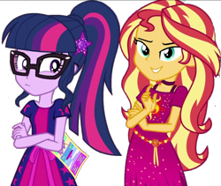Size: 2048x1730 | Tagged: safe, artist:php77, editor:php77, character:sunset shimmer, character:twilight sparkle, character:twilight sparkle (scitwi), species:eqg human, equestria girls:spring breakdown, g4, my little pony: equestria girls, my little pony:equestria girls, spoiler:eqg series (season 2), background removed, cropped, geode of empathy, geode of telekinesis, glasses, magical geodes, ponytail, simple background, transparent background