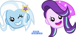 Size: 1352x660 | Tagged: safe, artist:anime-equestria, character:starlight glimmer, character:trixie, episode:game stream, g4, my little pony: equestria girls, my little pony:equestria girls, spoiler:eqg series (season 2), beanie, clothing, cute, diatrixes, duo, emoji, female, glimmerbetes, hat, head only, open mouth, simple background, smiling, transparent background, vector