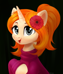 Size: 2740x3200 | Tagged: safe, artist:taneysha, oc, oc only, species:pony, species:unicorn, black background, clothing, commission, cute, female, flower, flower in hair, looking at you, mare, ocbetes, open mouth, simple background, smiling, solo, sweater