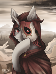 Size: 3000x4000 | Tagged: safe, artist:sparklyon3, rcf community, oc, oc only, species:pony, species:unicorn, bust, cloak, clothing, commission, desert, male, mask, portrait, solo