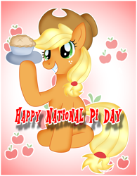 Size: 1392x1784 | Tagged: safe, artist:doraeartdreams-aspy, character:applejack, apple, applejack's hat, clothing, cowboy hat, cute, female, food, hat, pi day, pie, smiling, solo, stetson