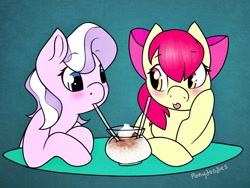 Size: 1024x768 | Tagged: safe, artist:incendiaryboobs, character:apple bloom, character:diamond tiara, species:earth pony, species:pony, ship:diamondbloom, blushing, cute, female, filly, lesbian, milkshake, missing accessory, sharing a drink, shipping, straw, tongue out