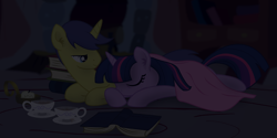 Size: 2968x1484 | Tagged: safe, artist:eagle1division, character:comet tail, character:twilight sparkle, species:pony, ship:cometlight, blanket, book, candle, cropped, cup, female, male, shipping, straight, teacup