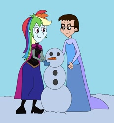 Size: 1729x1865 | Tagged: safe, artist:hunterxcolleen, character:rainbow dash, oc, oc:stewart gary, species:human, my little pony:equestria girls, carrot, clothing, cosplay, costume, crossdressing, food, frozen (movie), implied incest, snow, snowman, why