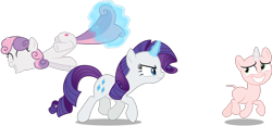 Size: 1735x804 | Tagged: safe, artist:chrzanek97, artist:deadparrot22, artist:reginault, edit, editor:slayerbvc, character:rarity, character:sweetie belle, species:pony, species:unicorn, blushing, chase, clothing, costume, cropped, edited edit, female, filly, furless, furless edit, looking back, magic, mare, nude edit, nudity, pony costume, ponysuit, rarity is not amused, shaved, shaved tail, simple background, sisters, streaking, sweetie bald, sweetie belle suit, transparent background, unamused, vector, vector edit
