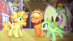Size: 1600x903 | Tagged: safe, artist:doraeartdreams-aspy, character:applejack, character:spike, oc, oc:ginger gold, oc:peridot appleshine, parent:applejack, parent:spike, parents:applespike, species:dracony, species:dragon, species:earth pony, species:pony, ship:applespike, applejack's hat, clothing, cowboy hat, cutie mark, family, female, hat, hybrid, interspecies offspring, male, mare, offspring, shipping, stetson, straight