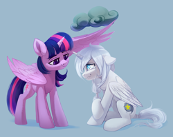 Size: 2664x2124 | Tagged: safe, artist:taneysha, character:twilight sparkle, character:twilight sparkle (alicorn), oc, oc:wishing star, species:alicorn, species:pony, alicorn oc, caring, cute, dark cloud, duo, high res, looking at each other, sitting, teary eyes, wing umbrella