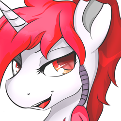 Size: 3000x3000 | Tagged: safe, artist:dashy21, edit, oc, oc only, oc:crimson prose, species:pony, species:unicorn, bust, commission, female, icon, looking at you, mare, open mouth, pigtails, pink mane, portrait, rose eyes, smiling, solo, torn ear, white coat