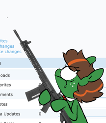 Size: 681x787 | Tagged: safe, artist:pinkiespresent, derpibooru original, oc, oc only, oc:derpi dot, species:earth pony, species:pony, derpibooru, aiming, angry, april fools, april fools 2019, ar15, assault rifle, delet this, eye clipping through hair, freckles, frown, glare, gun, hoof hold, looking at something, male, meta, necktie, profile, rifle, solo, stallion, weapon, wide eyes