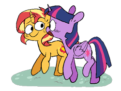 Size: 500x375 | Tagged: safe, artist:pinkiespresent, character:sunset shimmer, character:twilight sparkle, character:twilight sparkle (alicorn), species:alicorn, species:pony, species:unicorn, blushing, cute, duo, female, mare, open mouth, profile, shimmerbetes, smiling, talking, twiabetes
