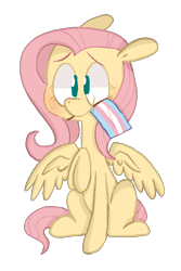Size: 515x772 | Tagged: safe, artist:pinkiespresent, character:fluttershy, species:pegasus, species:pony, blushing, cute, female, floppy ears, headcanon, lgbt, lgbt headcanon, mare, mouth hold, no pupils, pride, pride flag, raised hoof, sexuality headcanon, shyabetes, simple background, sitting, smiling, solo, spread wings, transgender pride flag, transparent background, wings