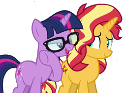 Size: 2048x1557 | Tagged: safe, artist:php77, edit, editor:php77, character:sunset shimmer, character:twilight sparkle, character:twilight sparkle (scitwi), species:pony, species:unicorn, equestria girls:spring breakdown, g4, my little pony: equestria girls, my little pony:equestria girls, spoiler:eqg series (season 2), background removed, duo, equestria girls ponified, female, glasses, mare, simple background, transparent background, unicorn sci-twi, whispering