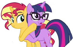 Size: 2048x1332 | Tagged: safe, artist:php77, editor:php77, character:sunset shimmer, character:twilight sparkle, character:twilight sparkle (scitwi), species:pony, species:unicorn, equestria girls:spring breakdown, g4, my little pony: equestria girls, my little pony:equestria girls, spoiler:eqg series (season 2), equestria girls ponified, glasses, implied lesbian, implied scitwishimmer, implied shipping, ponified, unicorn sci-twi