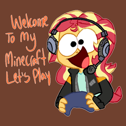 Size: 500x500 | Tagged: safe, artist:pinkiespresent, character:sunset shimmer, episode:game stream, g4, my little pony: equestria girls, my little pony:equestria girls, spoiler:eqg series (season 2), brown background, controller, cute, dialogue, female, gamer sunset, headset, minecraft, open mouth, shimmerbetes, simple background, solo