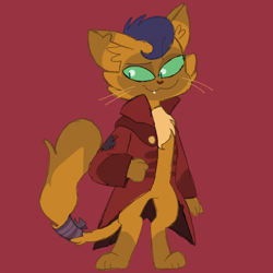Size: 2100x2100 | Tagged: safe, artist:pinkiespresent, character:capper dapperpaws, species:abyssinian, species:anthro, my little pony: the movie (2017), clothing, coat, colored pupils, colored sclera, male, red background, simple background, solo