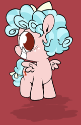 Size: 576x893 | Tagged: safe, artist:pinkiespresent, derpibooru original, character:cozy glow, species:pegasus, species:pony, evil grin, female, filly, freckles, grin, no pupils, profile, pure concentrated unfiltered evil of the utmost potency, red background, simple background, smiling, solo