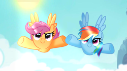 Size: 1280x720 | Tagged: safe, artist:doraeartdreams-aspy, base used, character:rainbow dash, character:scootaloo, species:pegasus, species:pony, duo, flying, scootaloo can fly, scootalove, sun