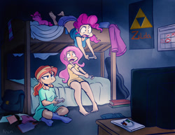 Size: 1100x850 | Tagged: safe, artist:kprovido, character:fluttershy, character:pinkie pie, character:sunset shimmer, species:human, adorasexy, backpack, barefoot, bunk bed, clothing, commission, cute, eyes on the prize, feet, female, gamer pinkie, gamer sunset, gamershy, humanized, mario kart, mario kart wii, midriff, nightgown, panties, pink underwear, room, sexy, shirt, shirt lift, sleepwear, socks, tank top, television, the legend of zelda, the pose, triforce, undershirt, underwear, video game, wii