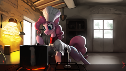 Size: 2560x1440 | Tagged: safe, artist:nsilverdraws, character:pinkie pie, species:earth pony, species:pony, :o, cabinet, casserole, chef, chef outfit, chef's hat, clothing, cooking, counter, cute, door, female, hat, kitchen, light, looking at something, mare, open mouth, solo, spoon, stove, window